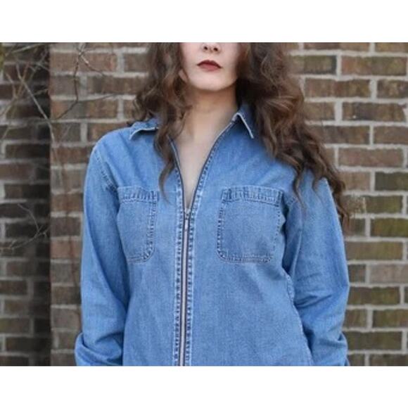 Denim & Co Blue Denium Zip Up Cotton Collared Shirt Size Large - Picture 3 of 12